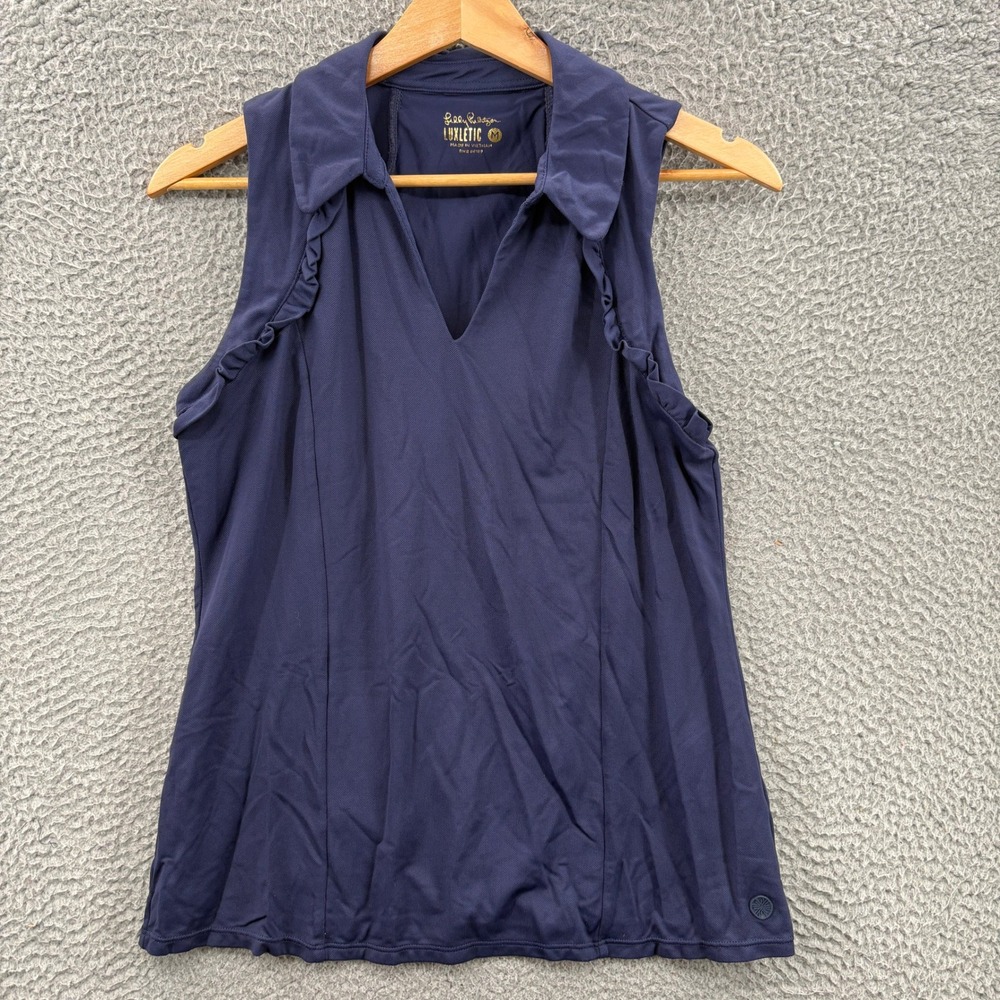 Lilly Pulitzer Luxletic Polo Women M Navy Blue Ruffle Trim Sleeveless Golf Top